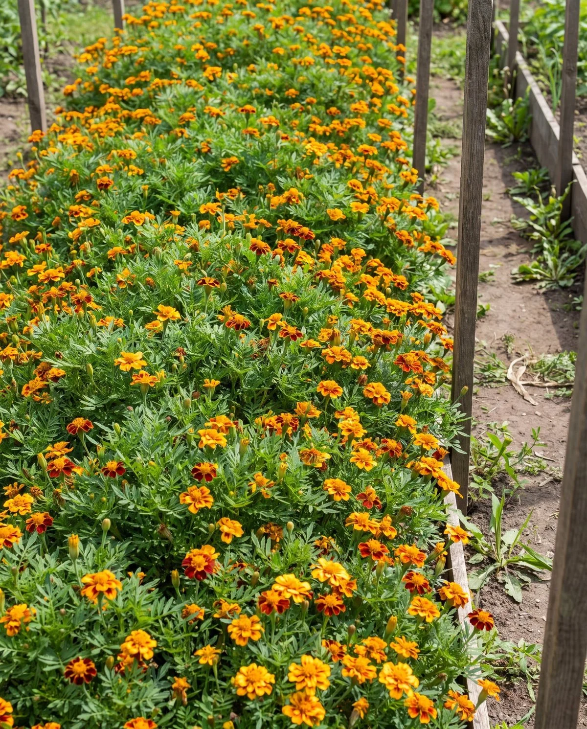 A solid dense block of French marigolds planted only inches apart as a weed-free cover crop across a vegetable bed
