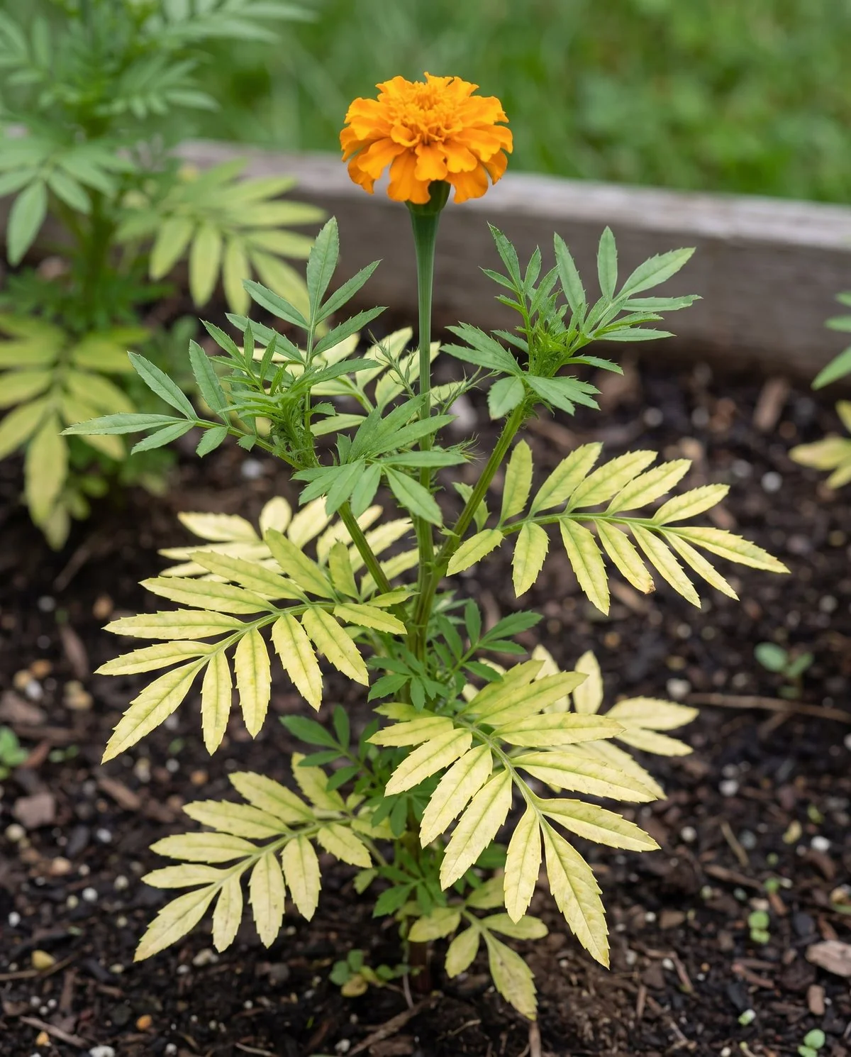 Older marigold leaves yellowing evenly between the veins while the plant's shape and flowers stay completely normal