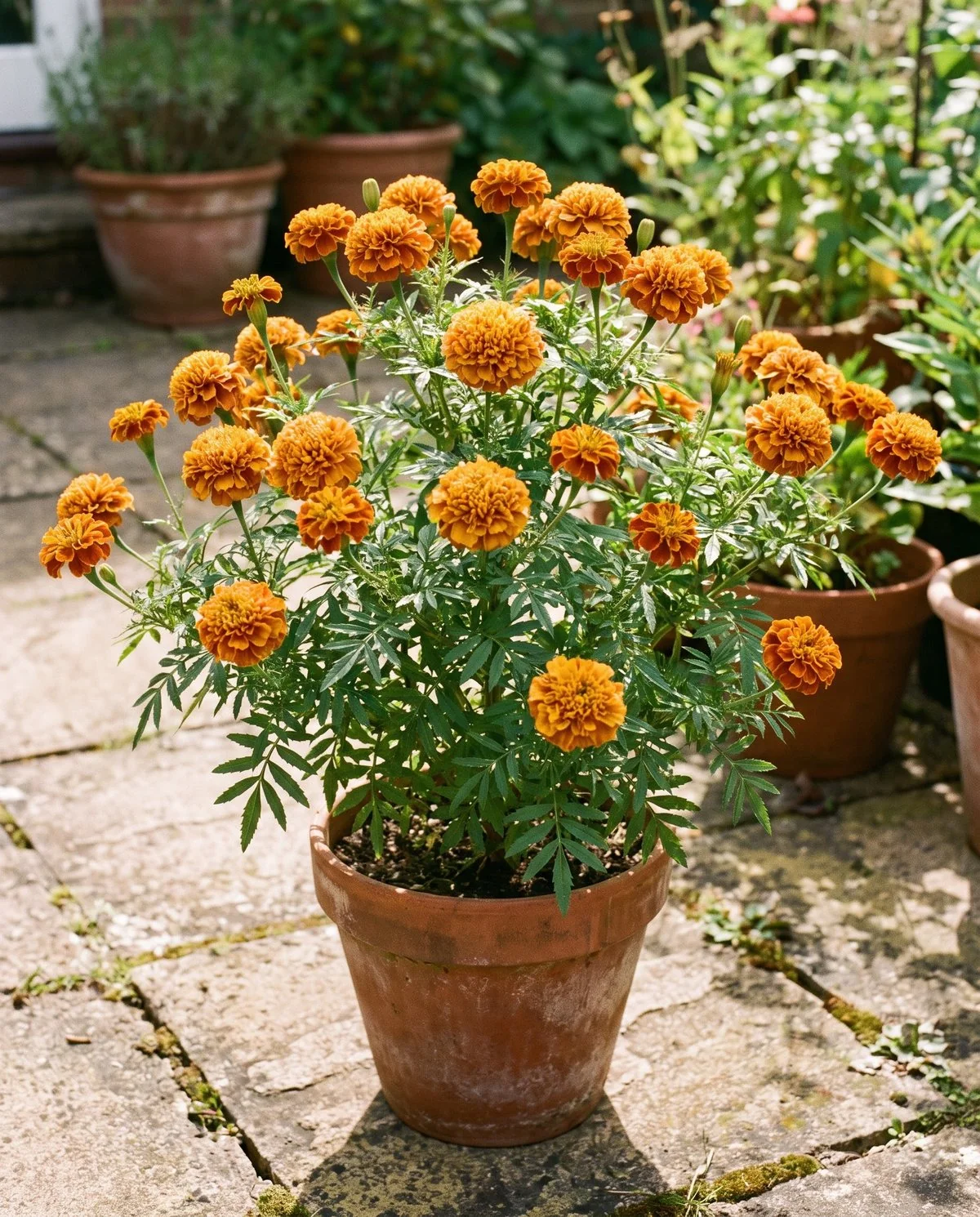 A mid-height triploid marigold in continuous flower, pompon blooms of two to three inches with no spent seed heads on the plant