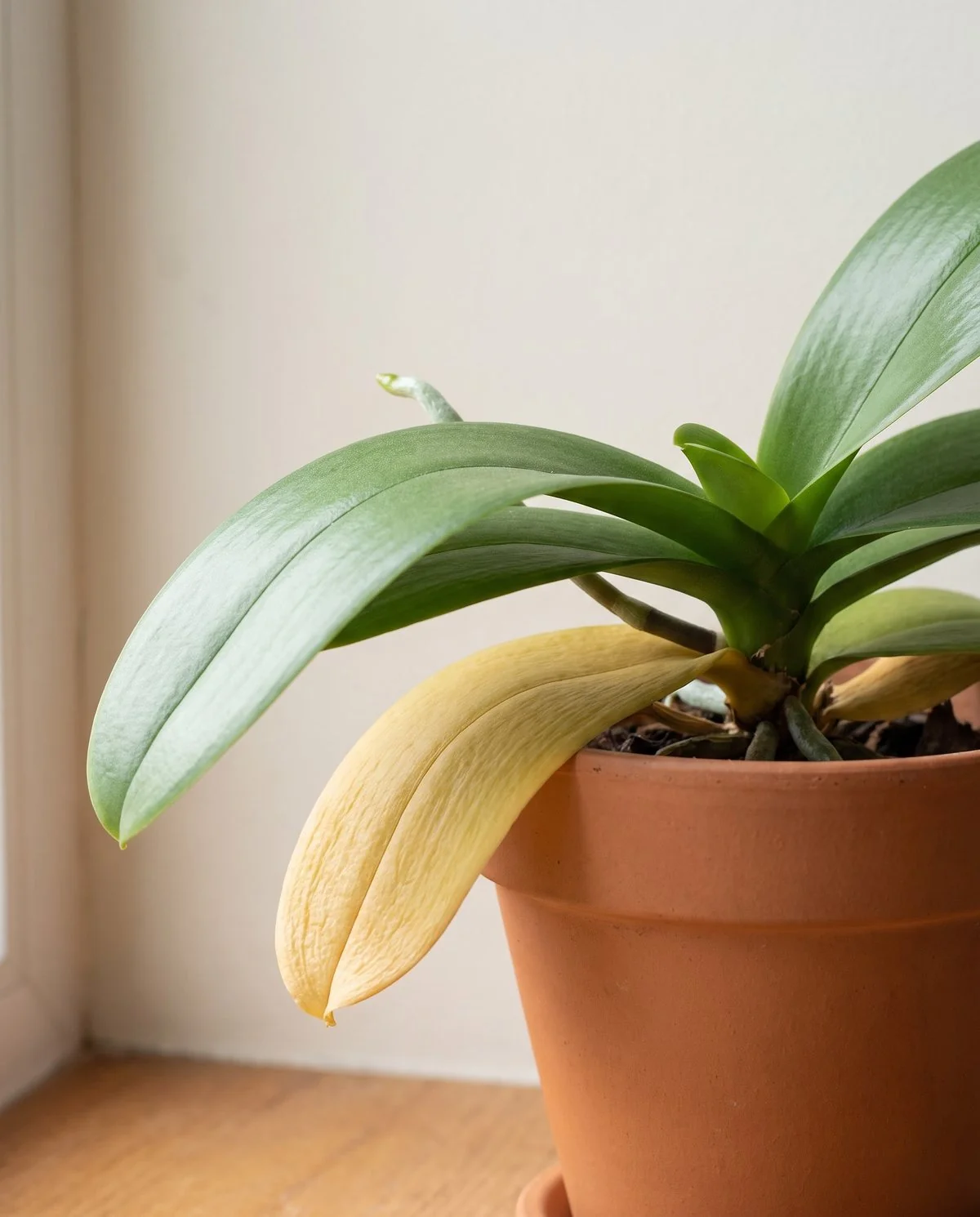 A moth orchid whose single lowest leaf has yellowed while every leaf above it stays firm and green