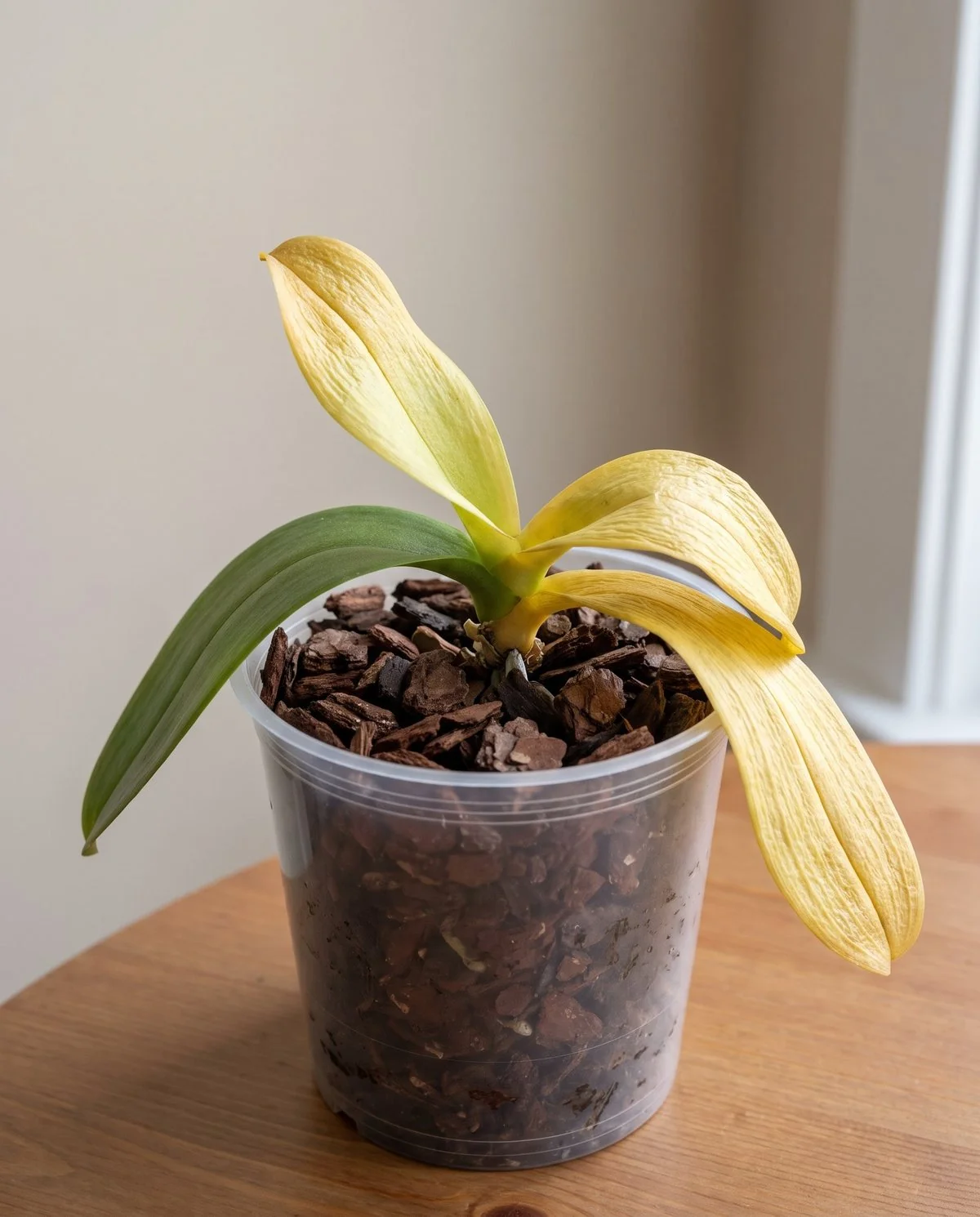 A moth orchid with three leaves yellowing at the same time, including one high on the plant