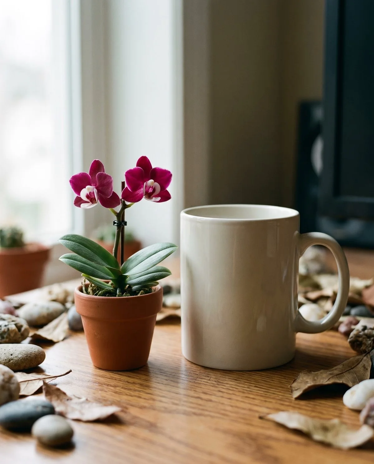 A miniature moth orchid in a small pot beside an ordinary mug for scale, its flowers barely over an inch across