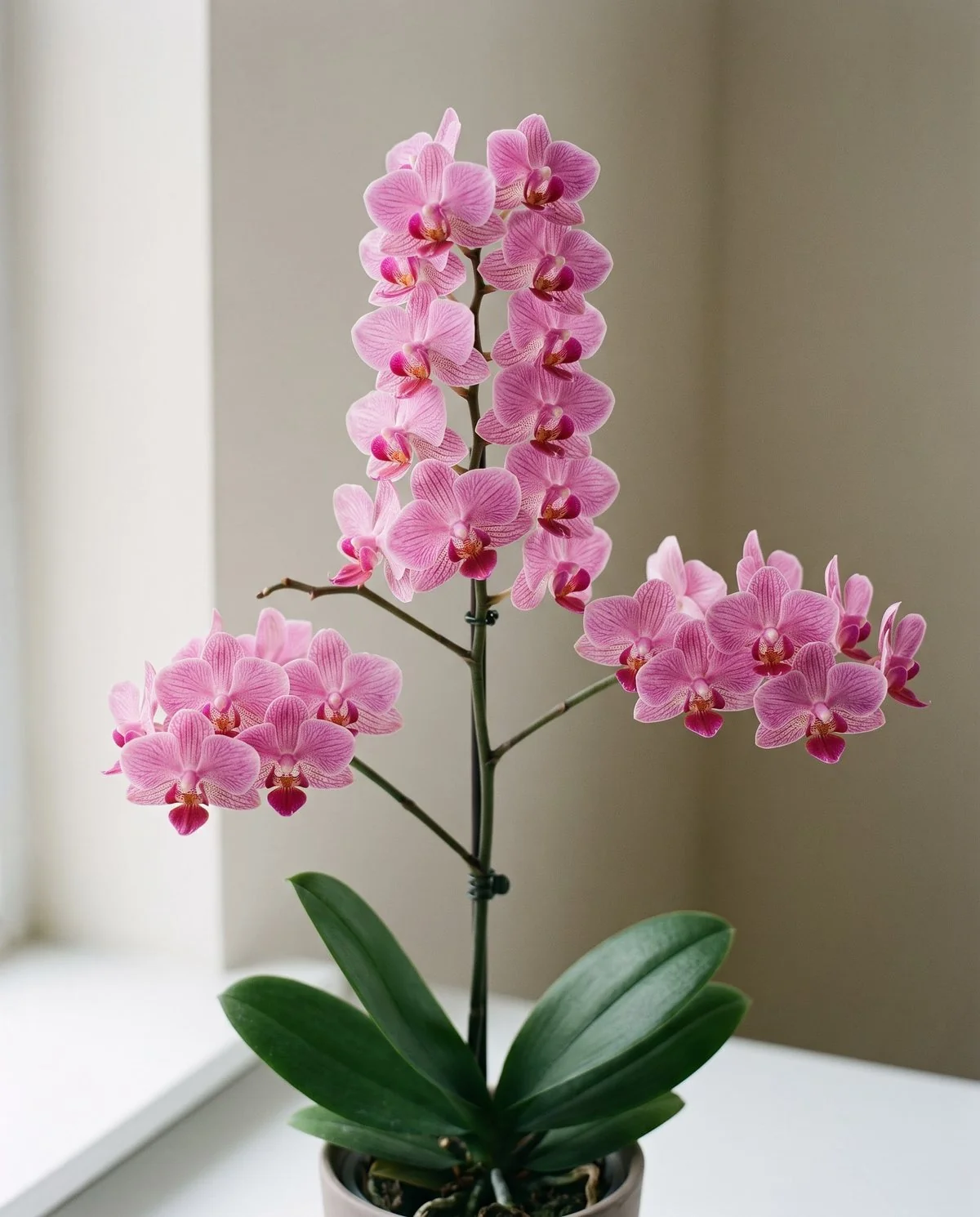 A multiflora moth orchid carrying many smaller pink blooms on a spike that branches into several side stems