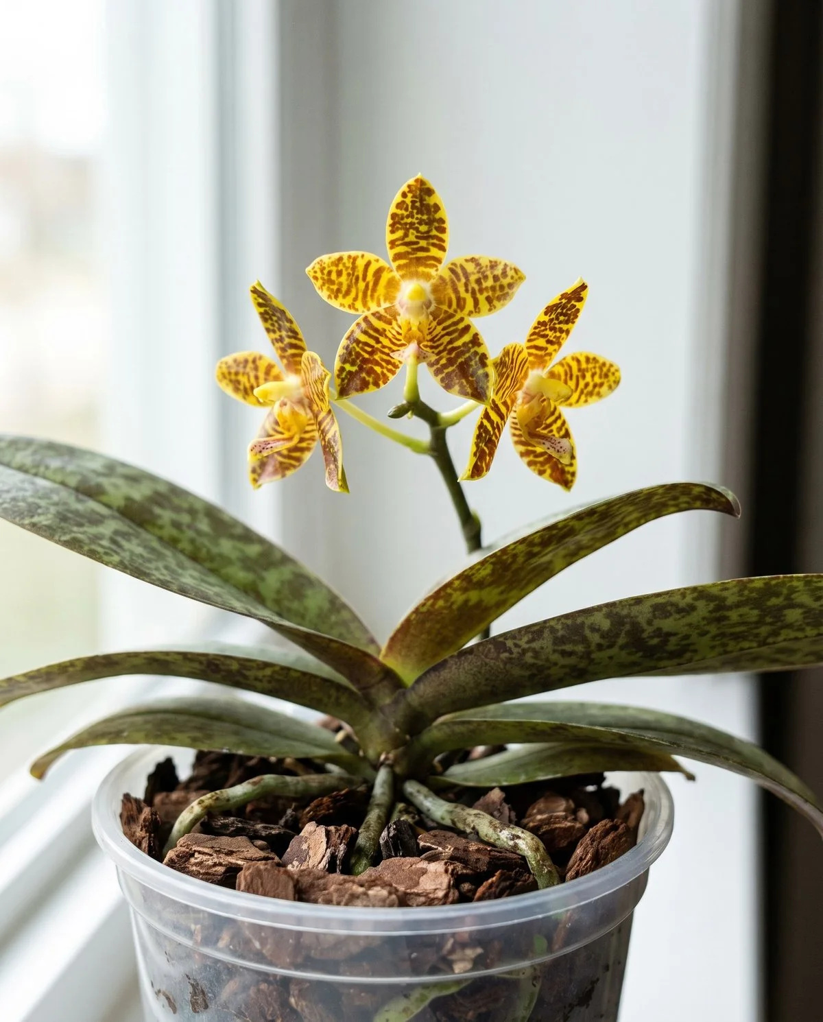 A species moth orchid with a few small waxy star-shaped flowers in intense yellow marked with brown barring