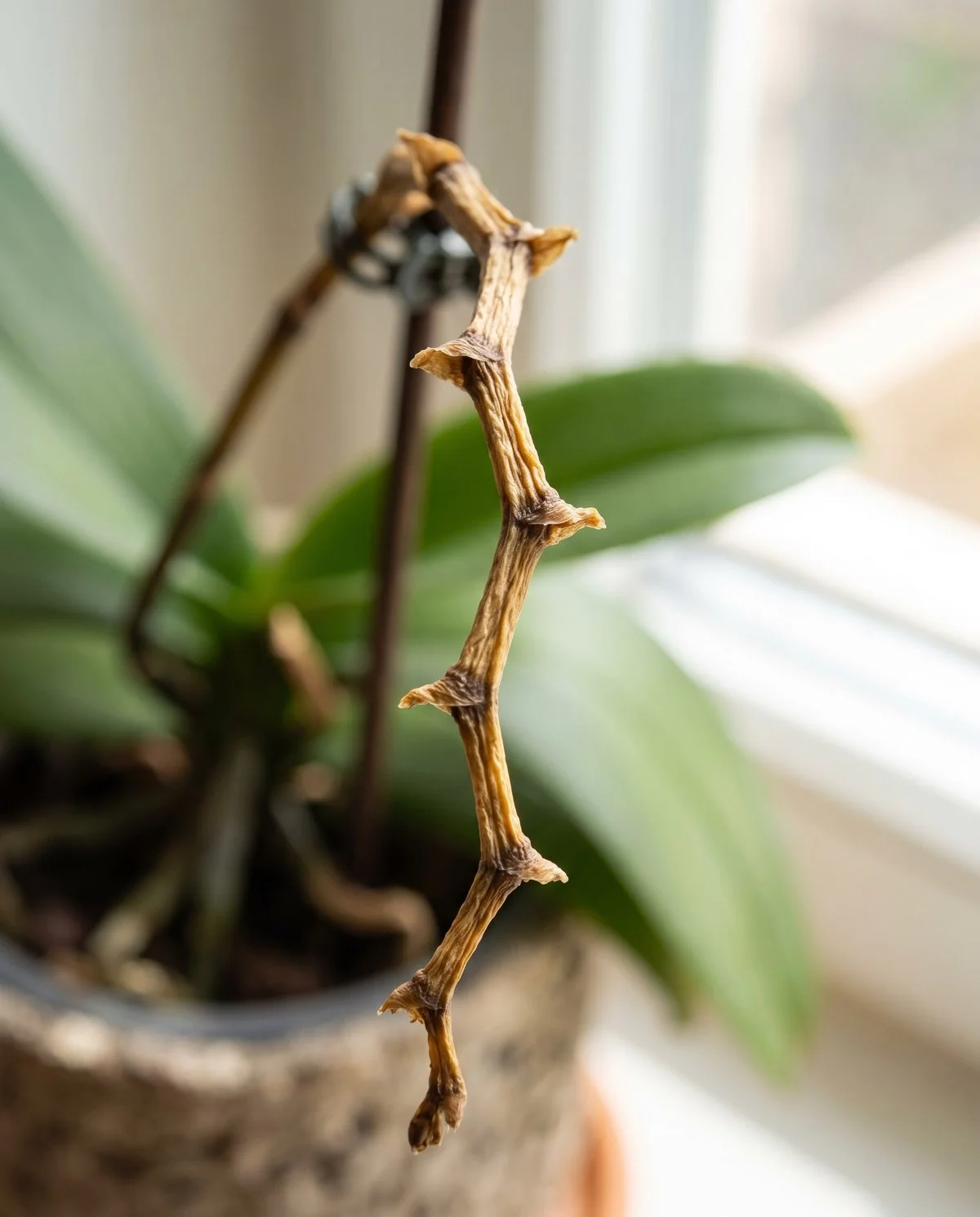 A spent moth orchid spike gone dry brown and brittle from tip to base with no green tissue left