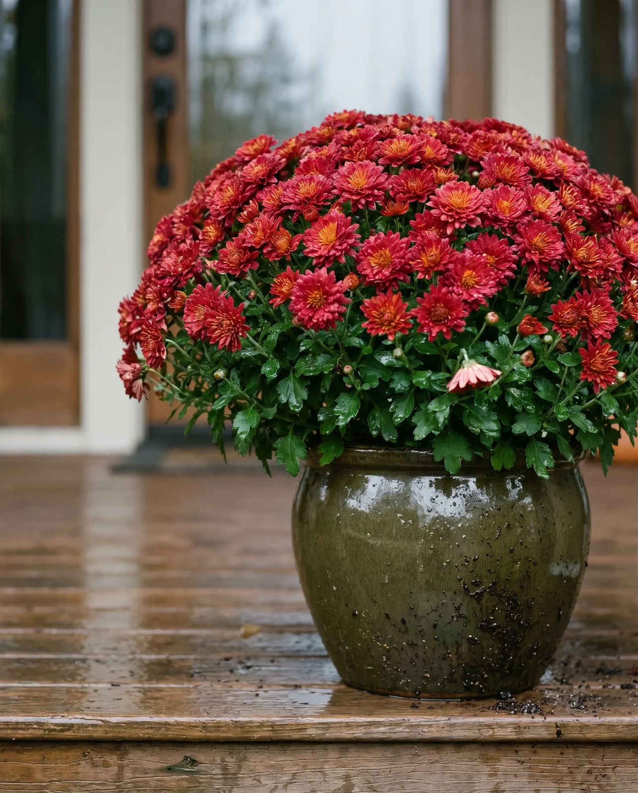 Deep red potted chrysanthemum on wet wooden porch steps after rain.