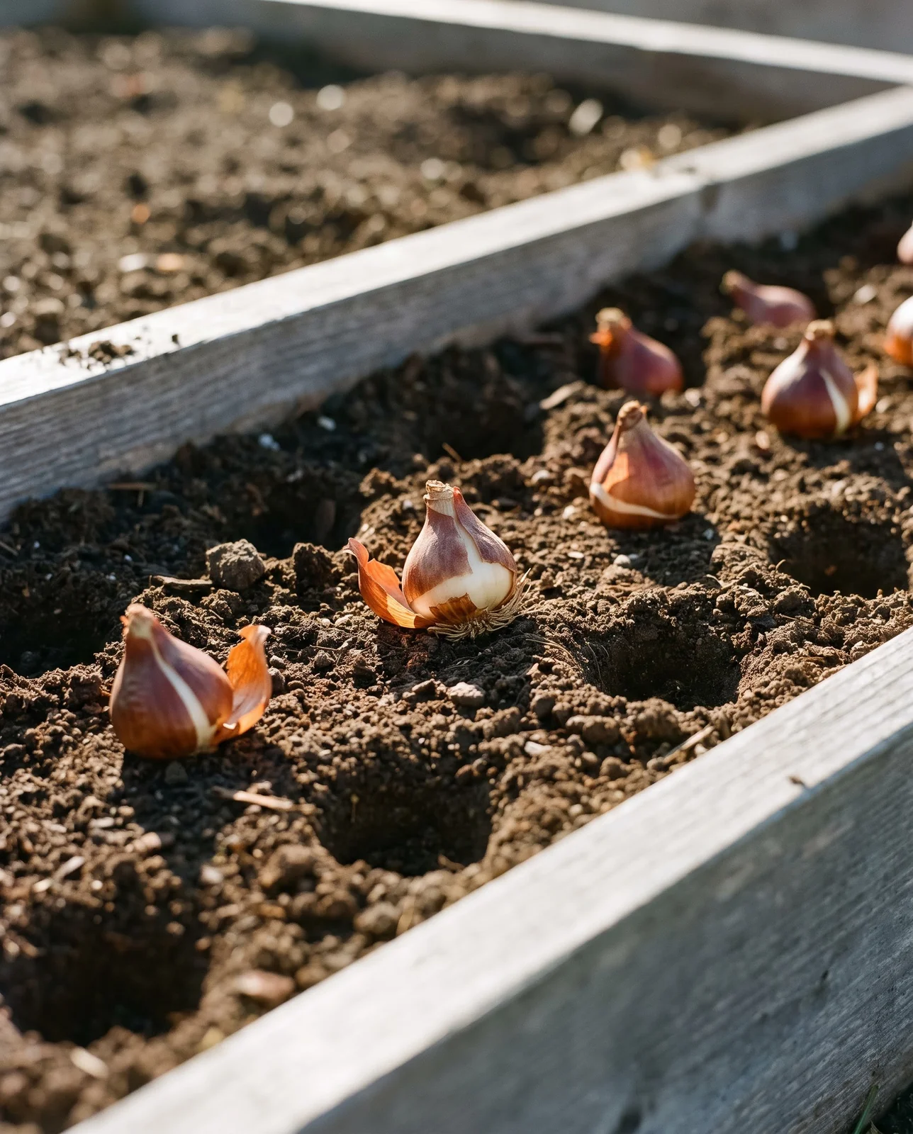 Muscari bulbs resting on turned garden soil near prepared planting holes.