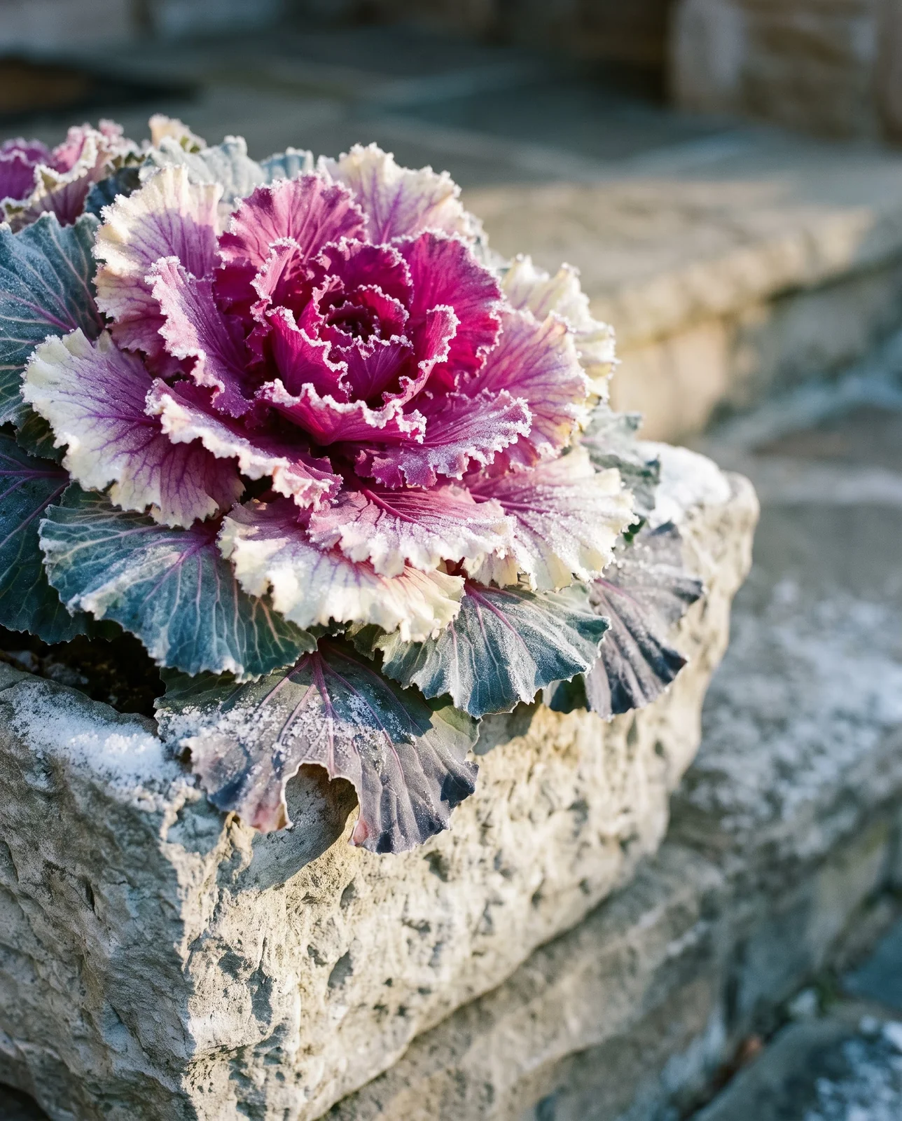 Frost-rimmed purple and cream ornamental kale growing in stone porch planter