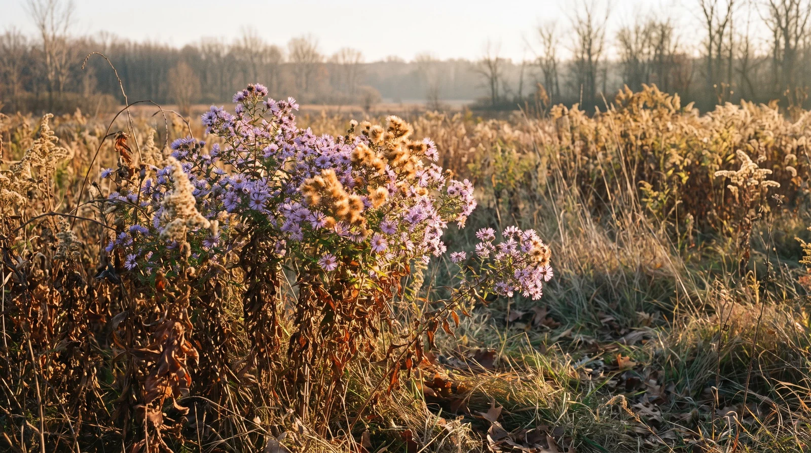 Fading lavender New England asters among dry grasses at meadow edge