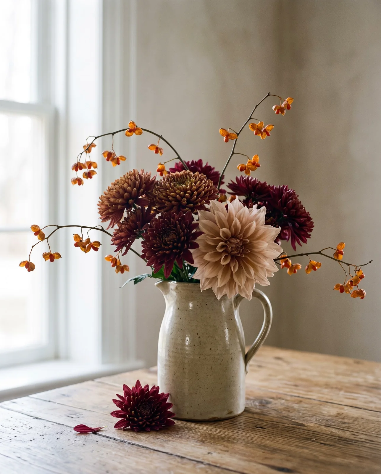 Autumn bouquet with mums, dahlias, and bittersweet berries in ceramic jug