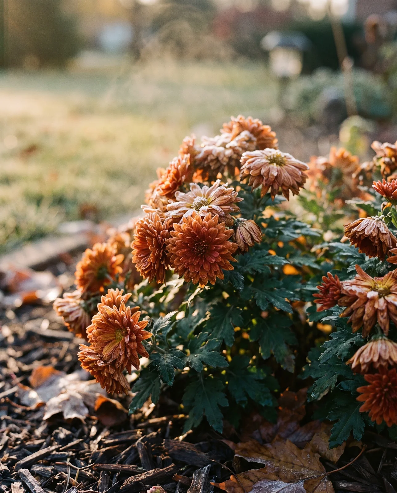 Rust-orange garden chrysanthemums blooming with morning frost in backyard garden