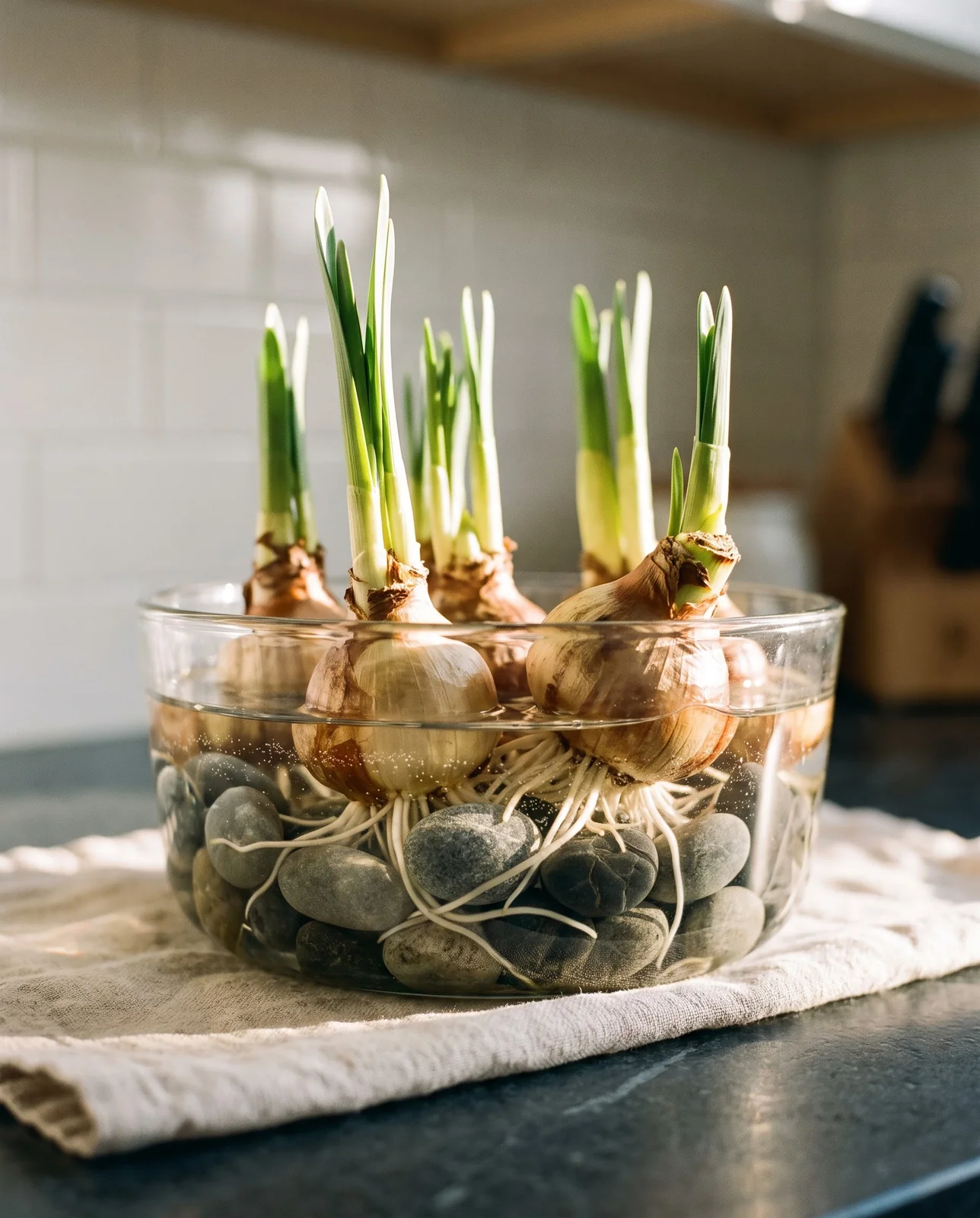 Paperwhite narcissus bulbs rooting in river stones inside glass bowl