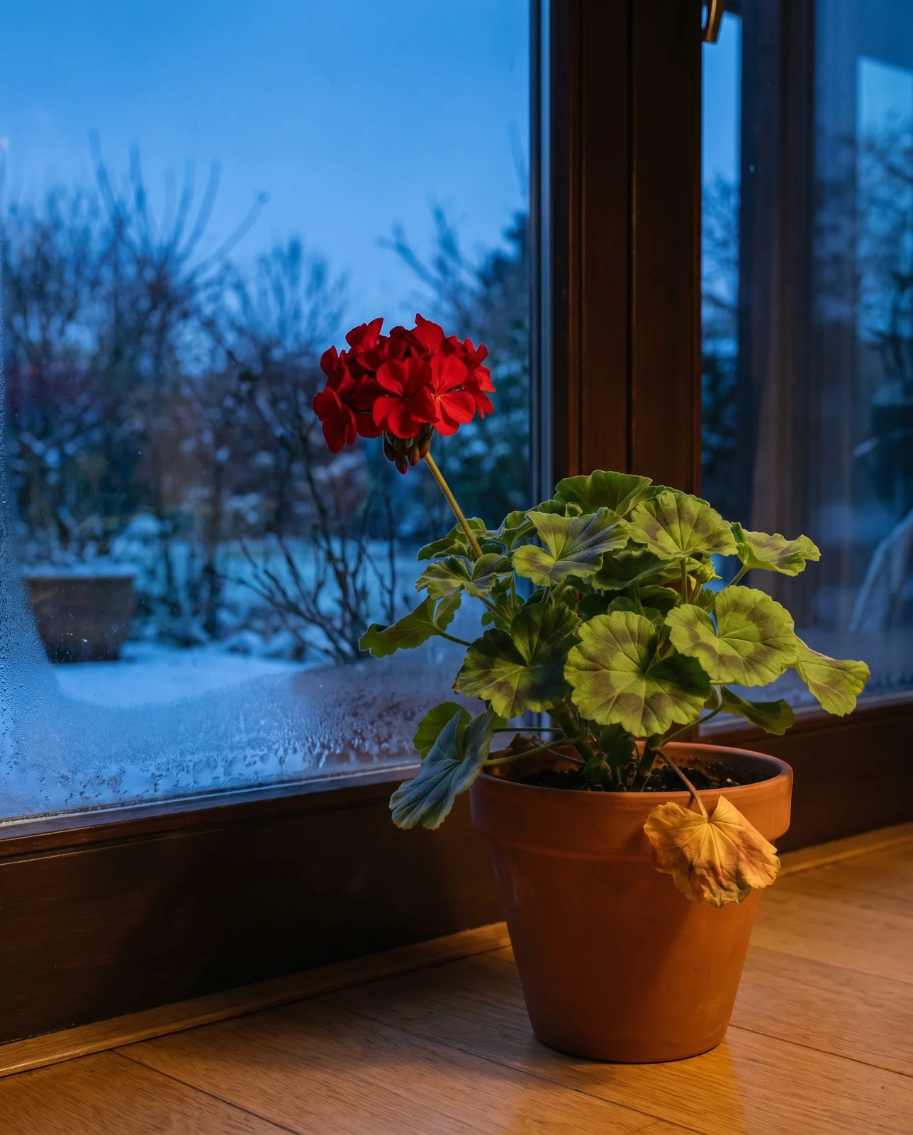 Potted red zonal geranium sitting indoors by frosty glass patio door