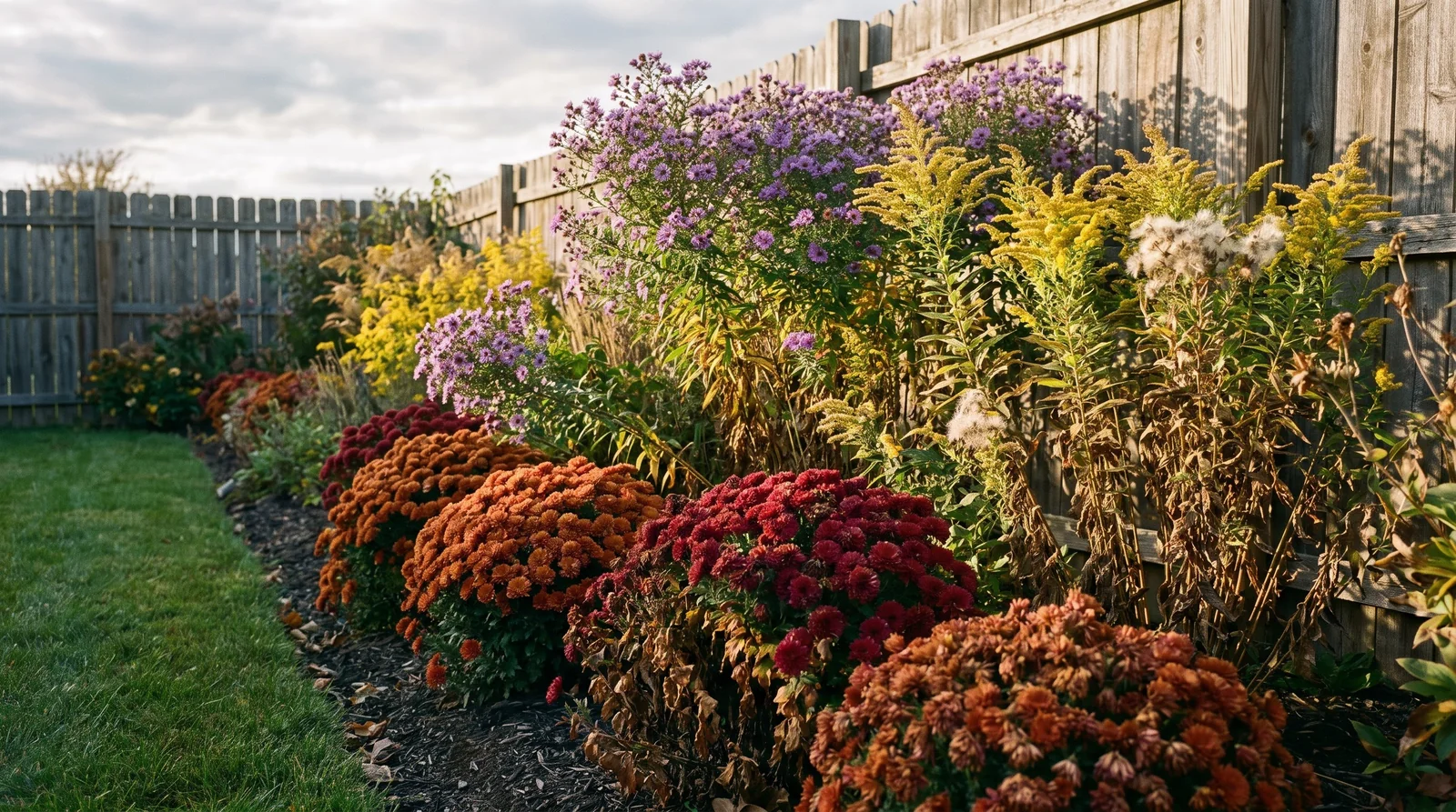 Mixed October garden border with rust garden mums, purple asters, and goldenrod.