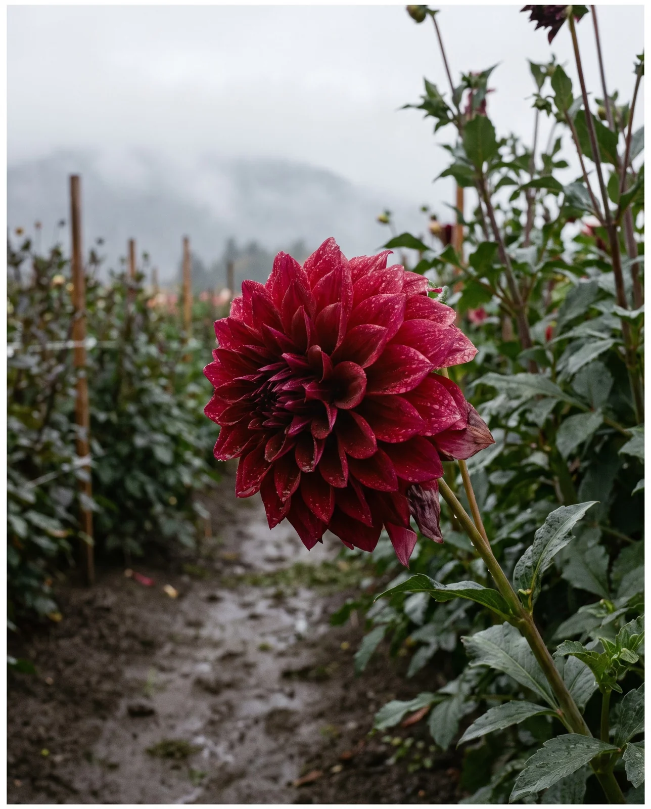 Deep red dahlia flowers beaded with raindrops in nursery display row.
