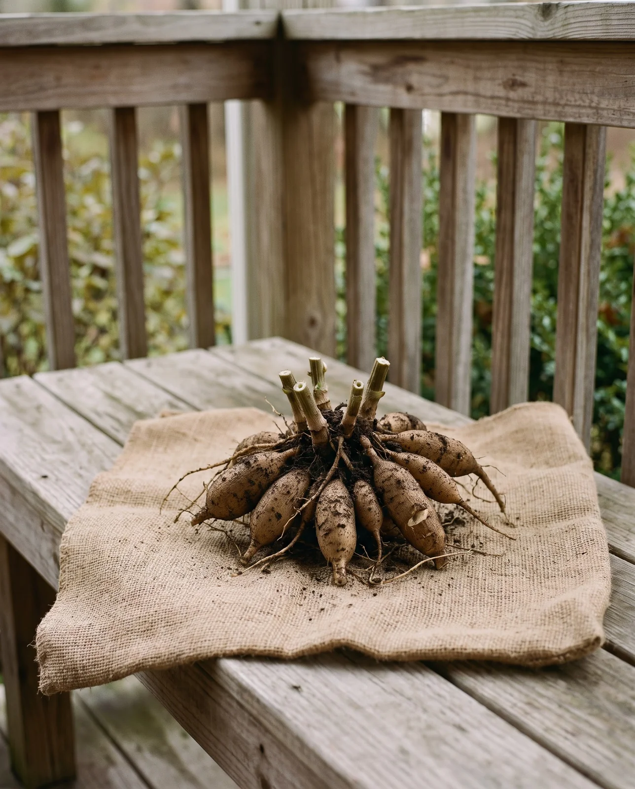Harvested dahlia tubers curing on burlap sheet across wooden potting bench.