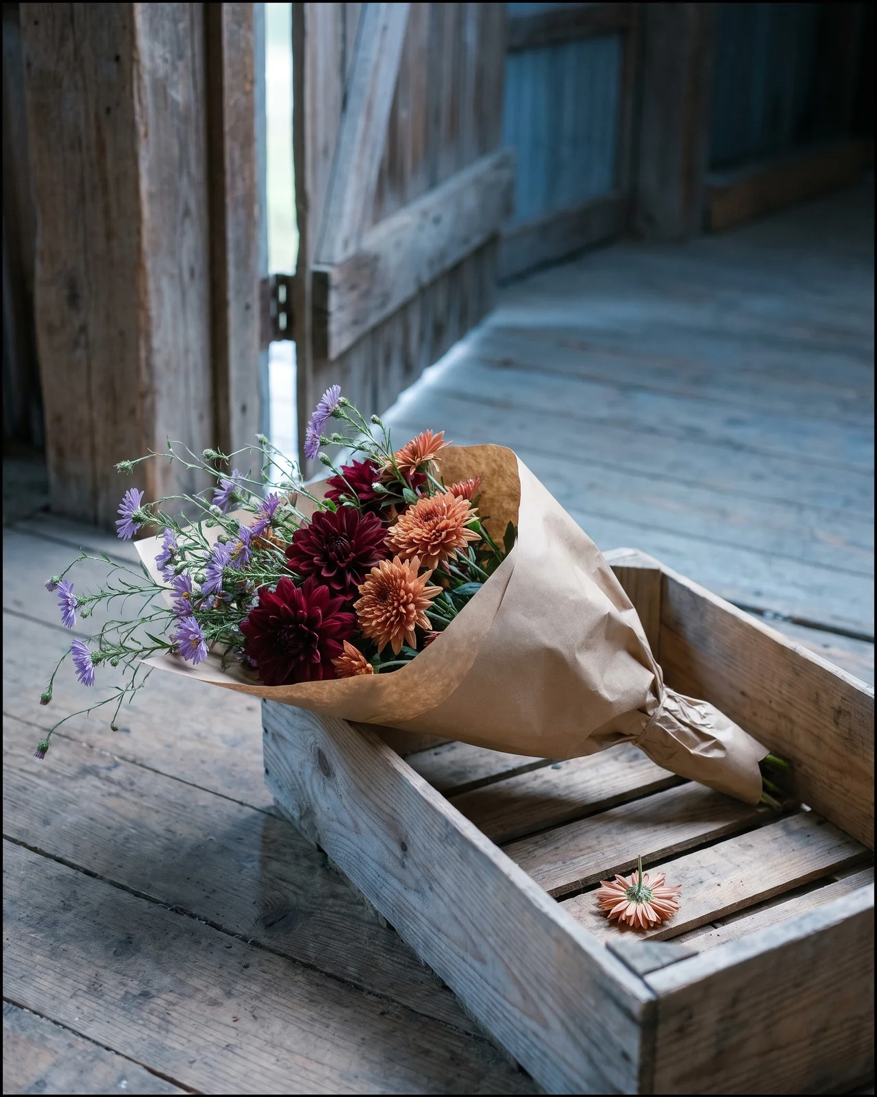 Cut dahlias, mums, and asters wrapped in kraft paper in crate.