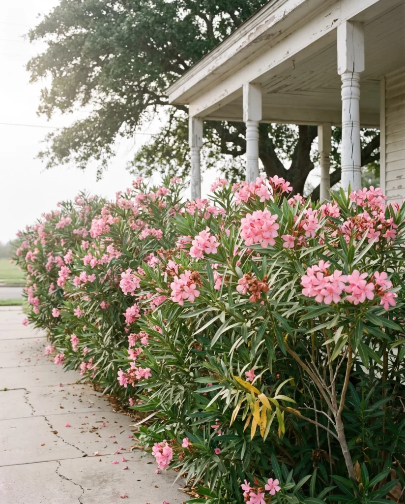 A tall pink oleander hedge in full bloom along a Galveston street with a white porch behind