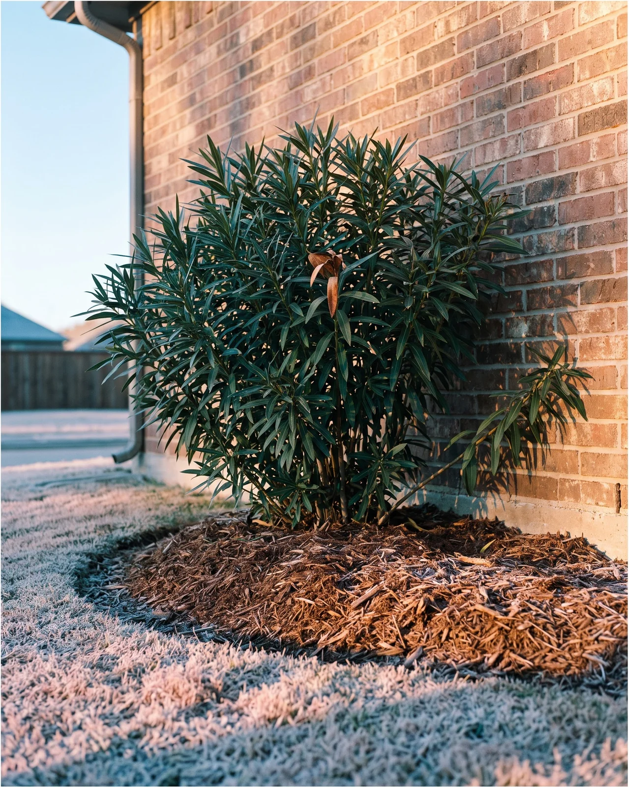 An oleander planted against a warm south brick wall with a deep mulch ring in winter and frost on the lawn