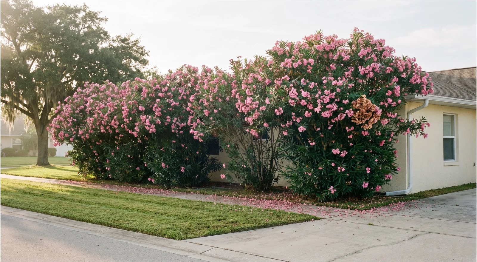 Wide view of a mature oleander hedge in bloom reaching the eaves of a single-story house beside it