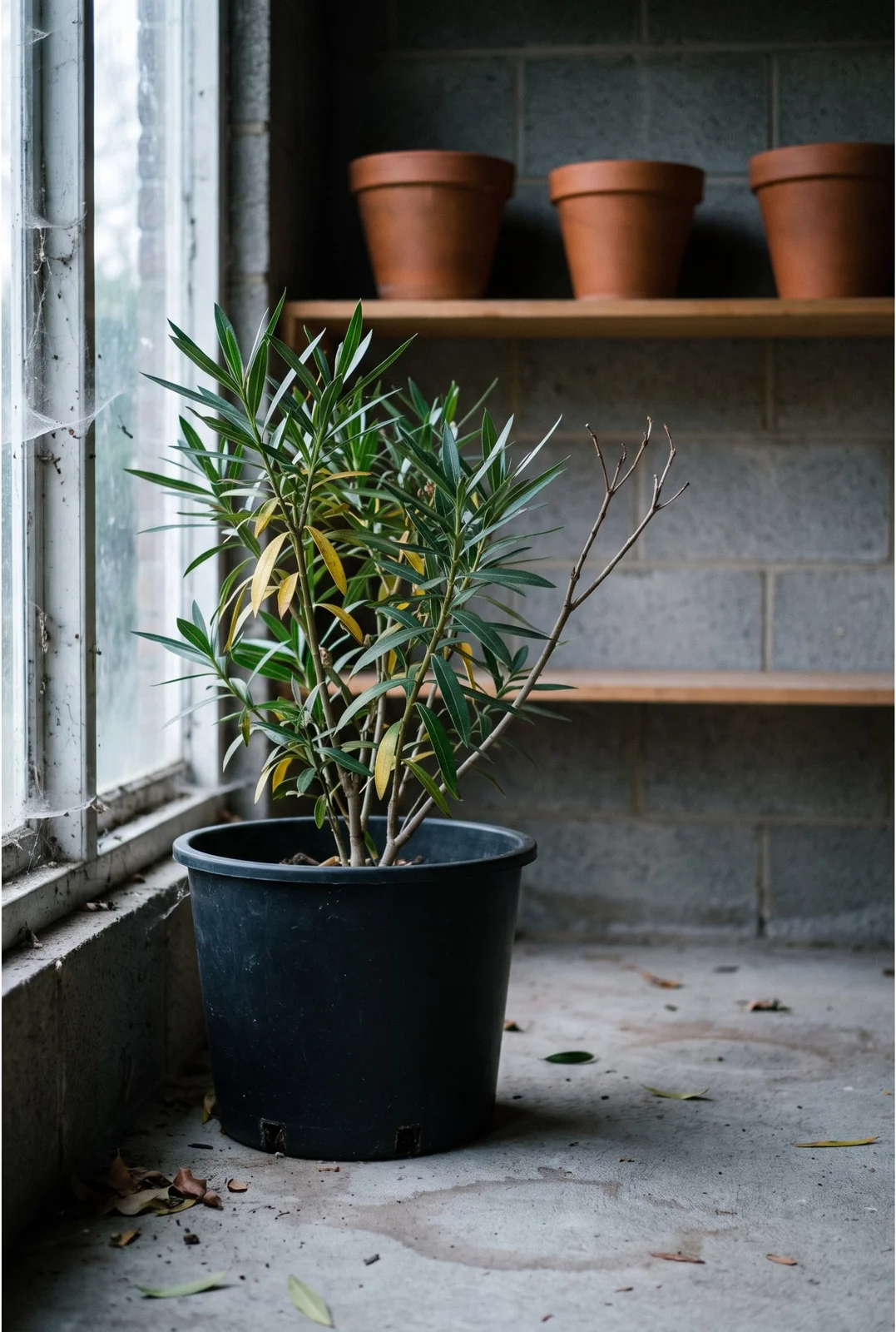 A potted oleander standing by a bright garage window in winter with its evergreen leaves and a few yellowed ones dropped