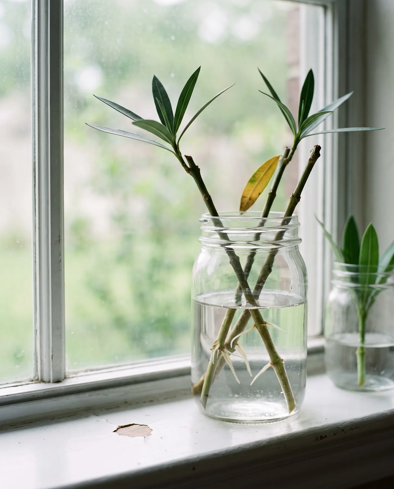 Oleander stem cuttings rooting in a glass jar of water on a windowsill with white roots showing