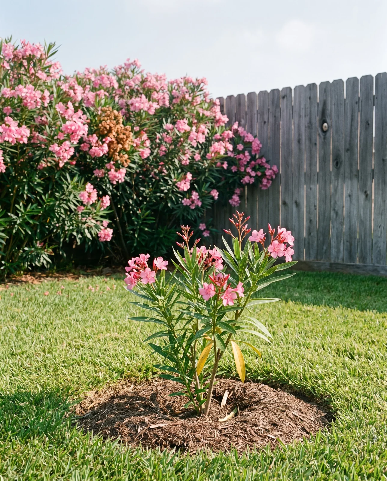 A young oleander in its first year beside a mature head-high hedge of the same pink in one yard