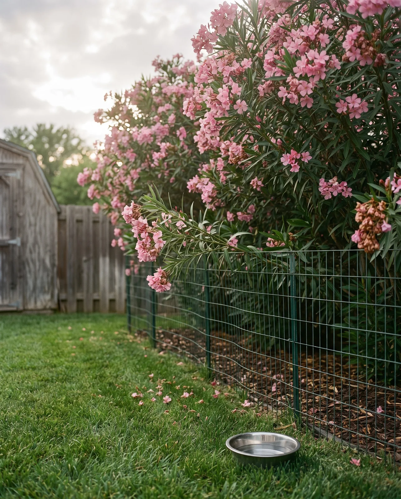 An oleander hedge behind a low wire fence with a dog water bowl on the lawn well away from it