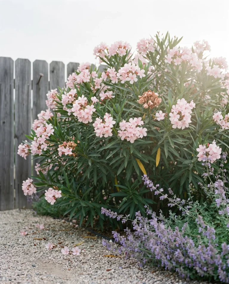 Apple Blossom oleander with pale pink single flowers on a rounded shrub in a sunny border by a fence