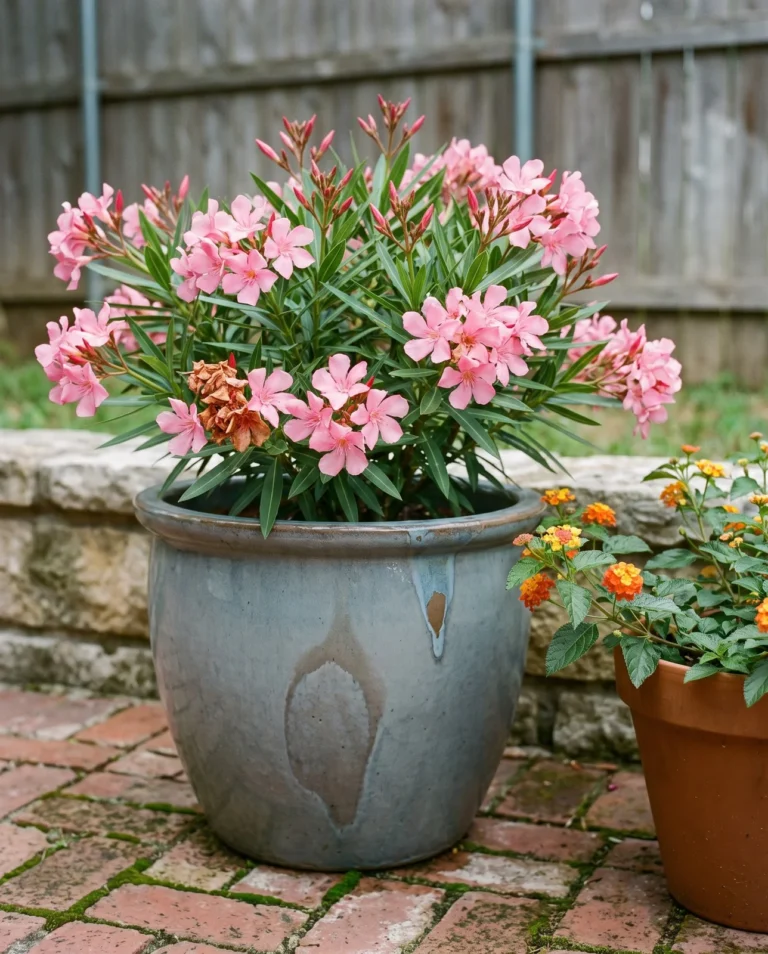 Austin Pretty Limits compact oleander with clear pink flowers in a large patio container