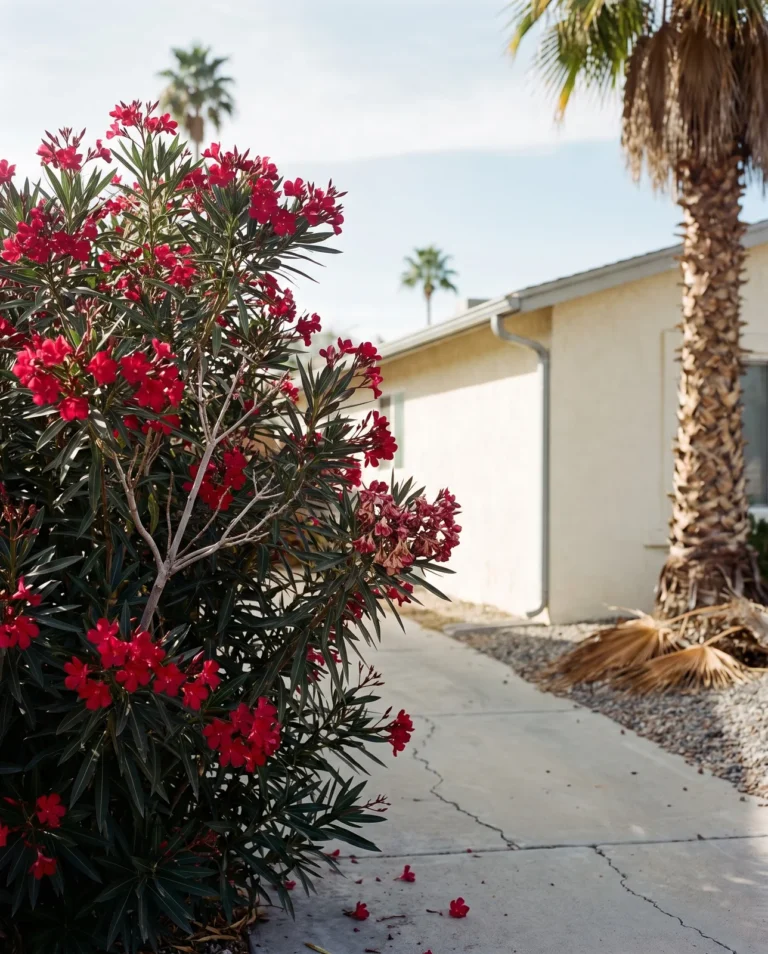 Calypso oleander with single cherry-red flowers on a tall shrub along a sunny driveway