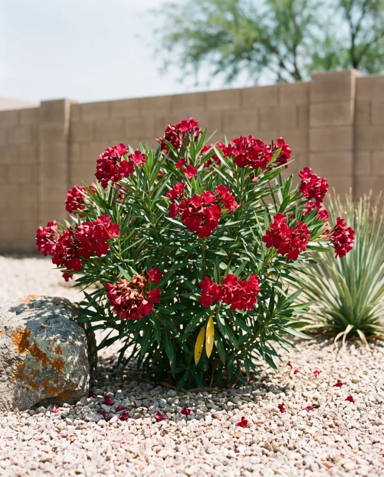 Cranberry Cooler oleander with deep cranberry-red flowers on a compact shrub in a gravel yard