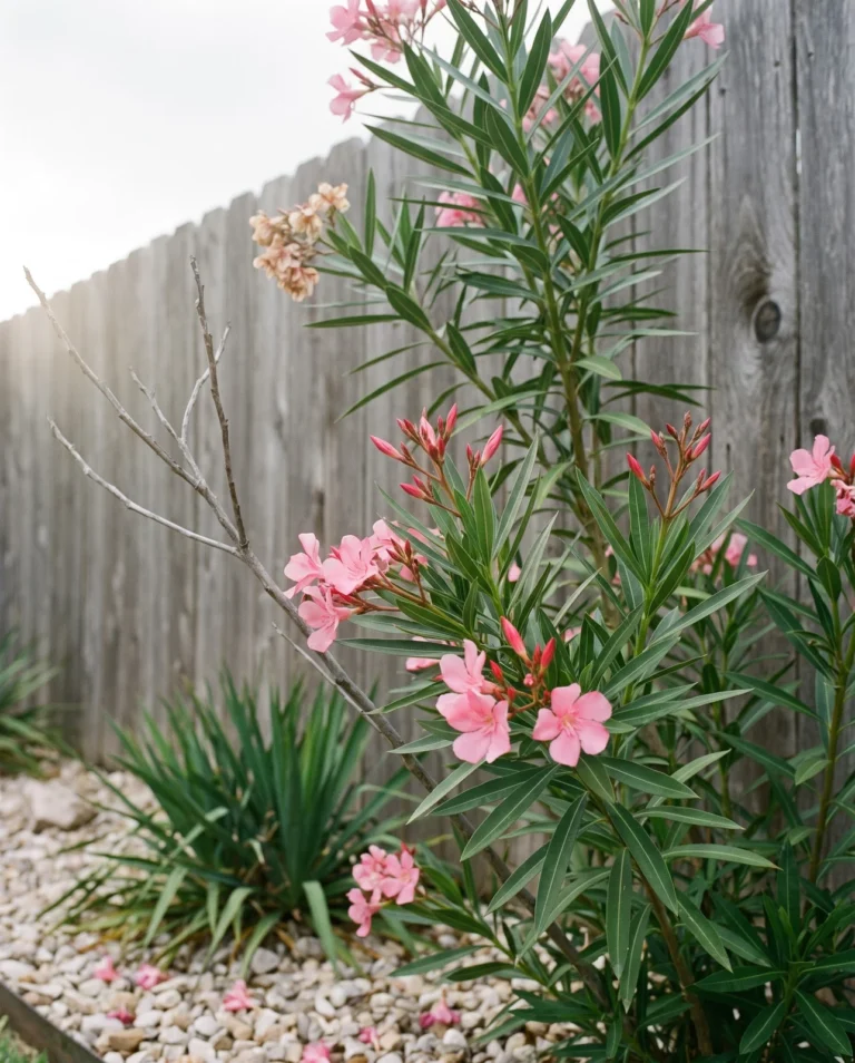 Hardy Pink oleander with single pink flowers on a tall shrub beside a wooden fence