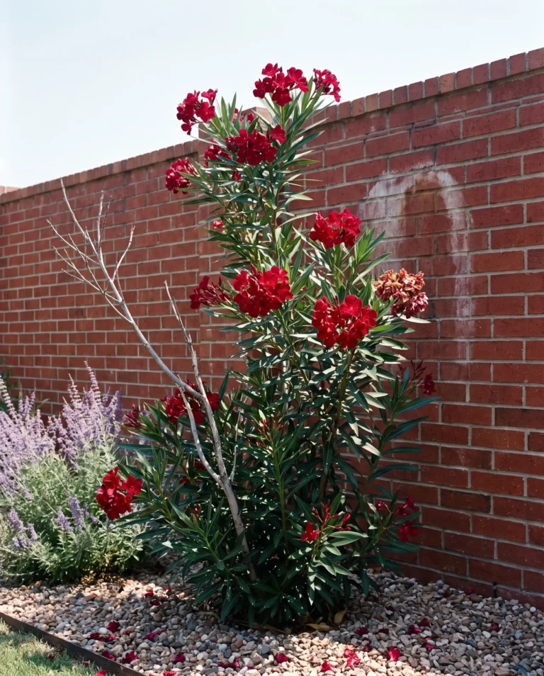 Hardy Red oleander with deep red single flowers on a tall shrub against a brick wall in Texas