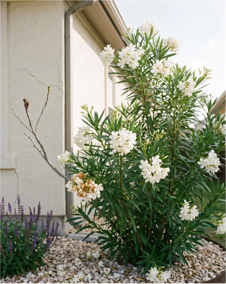 Hardy White oleander with white flower clusters on a tall shrub by a stucco house in Texas
