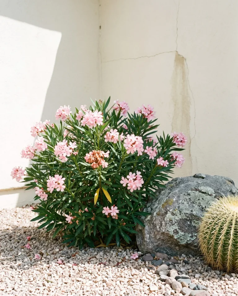 Petite Pink dwarf oleander in bloom as a low mound of soft pink flowers in a sunny gravel bed