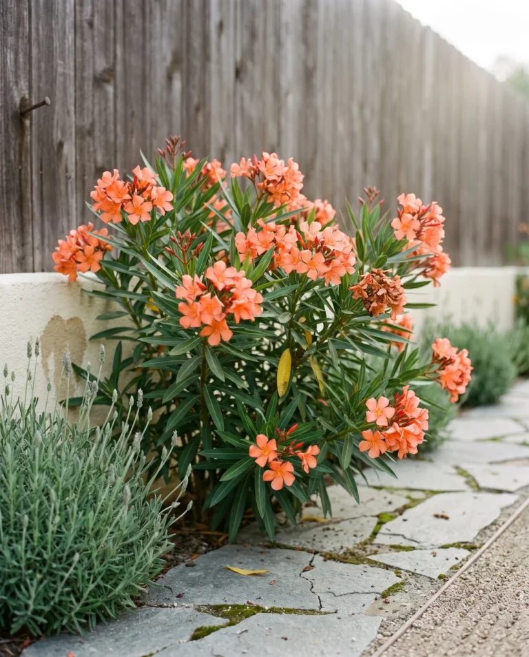 Petite Salmon dwarf oleander with salmon-orange flowers on a compact shrub beside a flagstone path