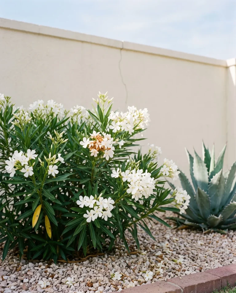 Petite White dwarf oleander with white flower clusters on a low shrub in a sunny bed by a wall