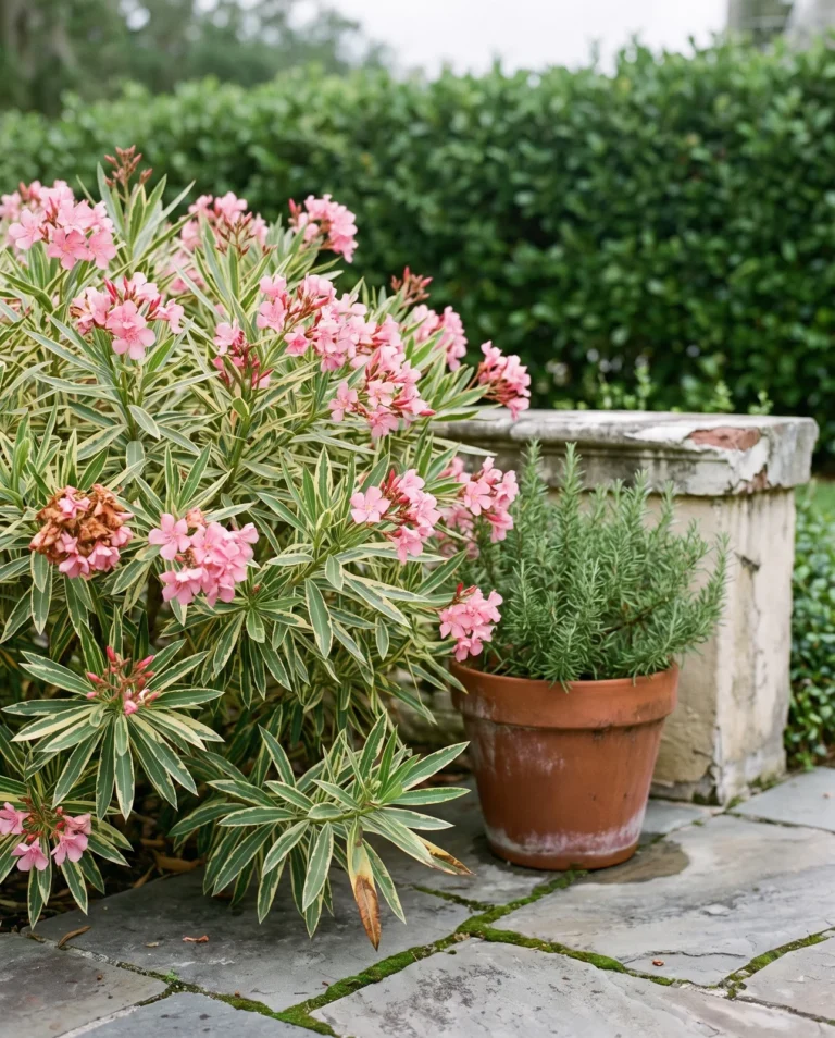 Pink Lemonade oleander with pink flowers over cream-variegated leaves on a shrub by a patio