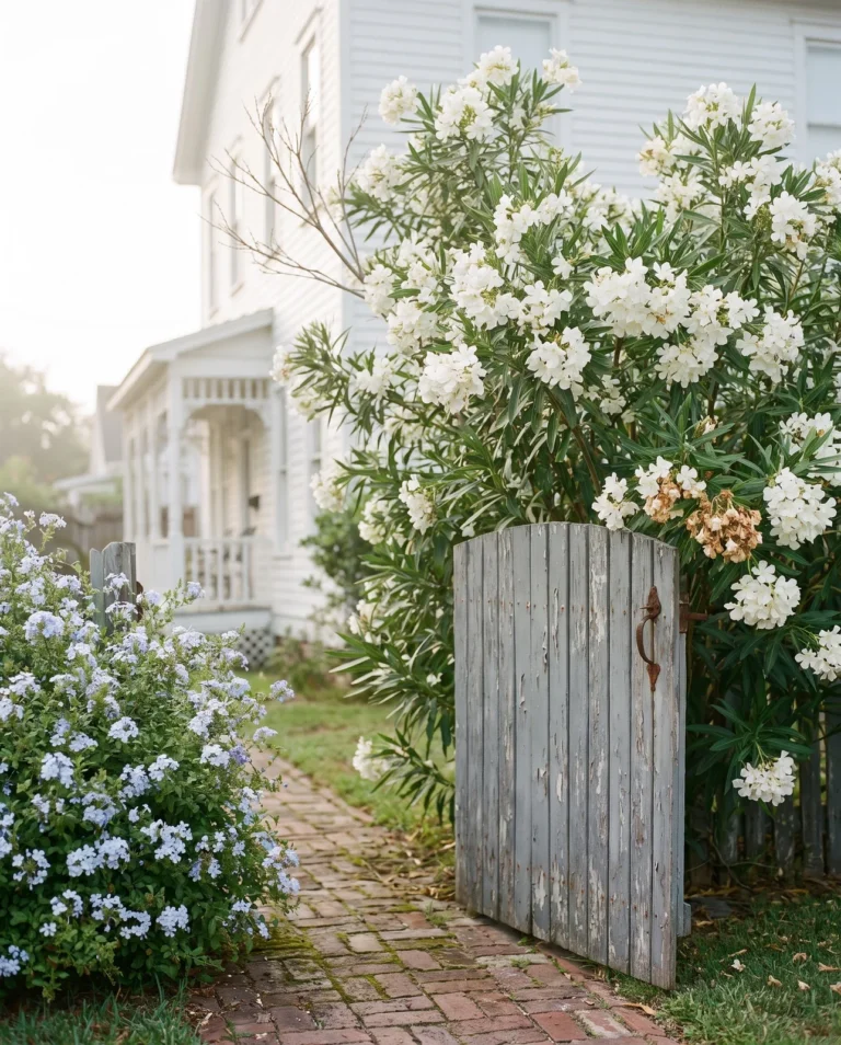 Sister Agnes oleander with large single white flowers on a very tall shrub over a garden gate