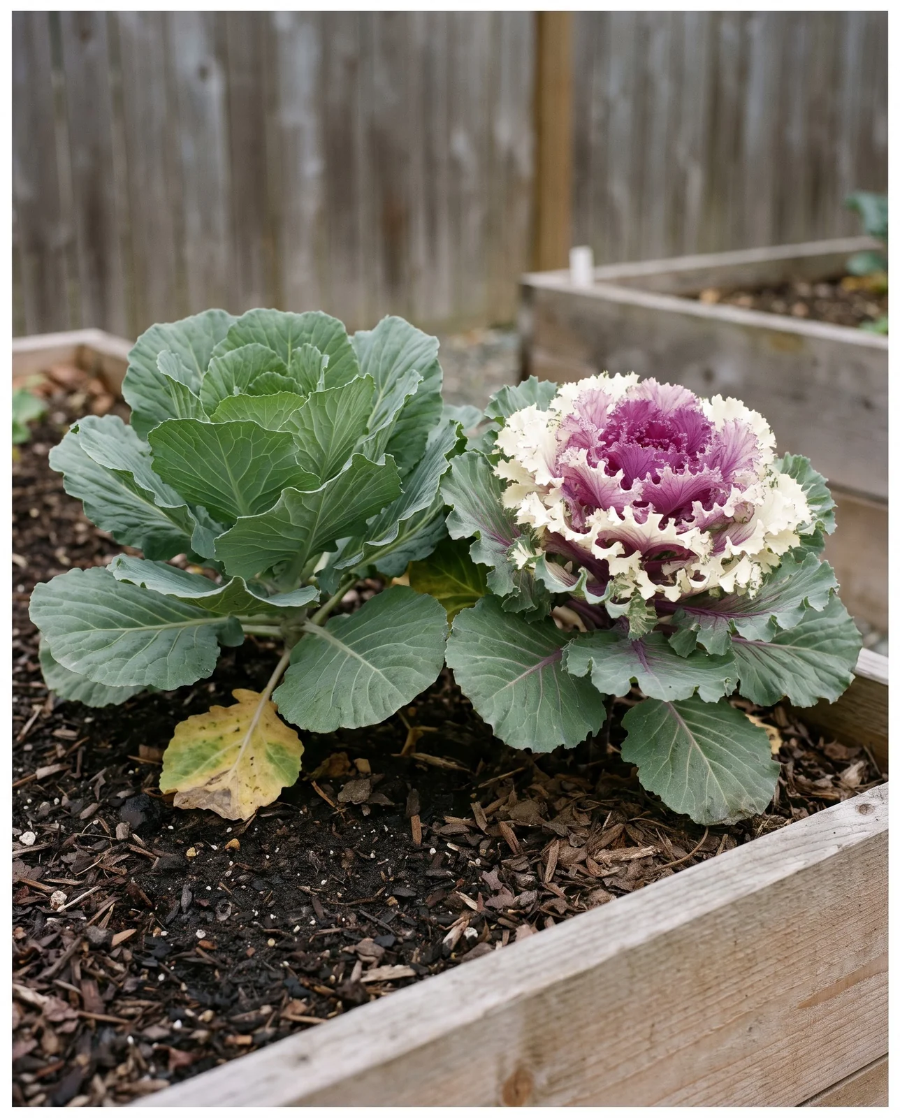 Two ornamental kale plants showing green versus purple coloring in one bed.