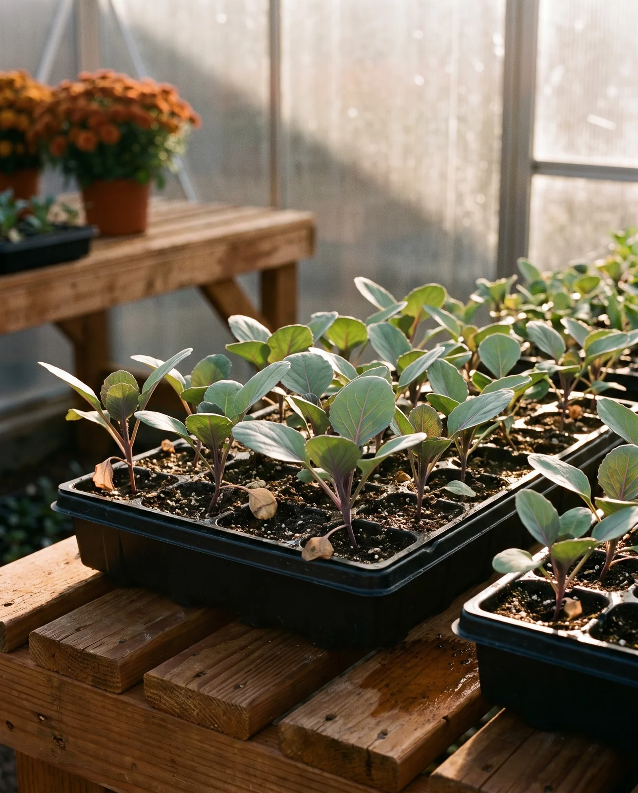 Nursery flats of young ornamental kale starter plugs inside a garden coldframe.