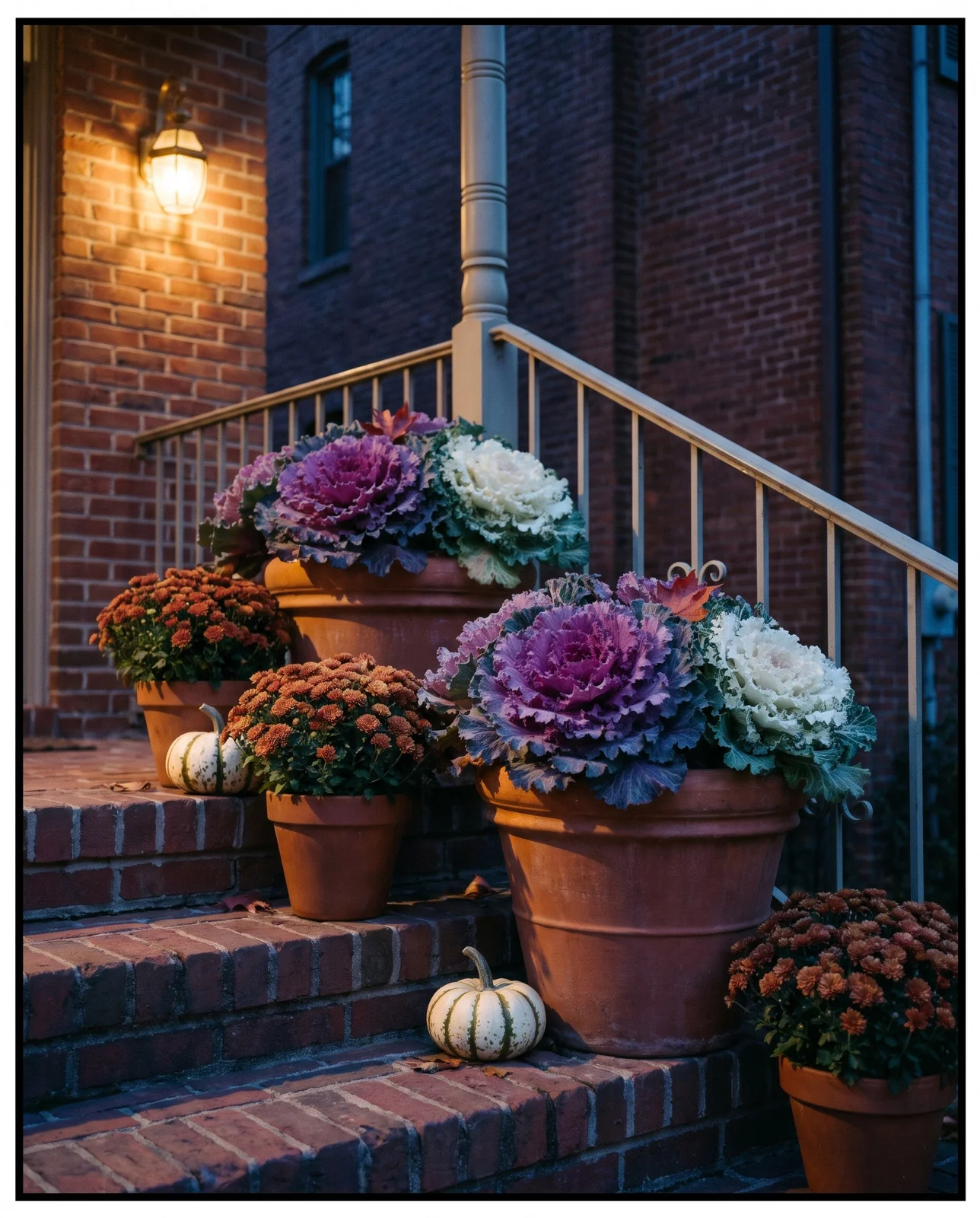 Ornamental kale potted with chrysanthemums and pumpkins on evening brick steps.