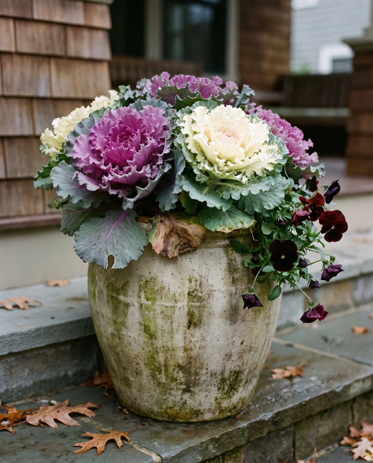 Frilled ornamental kale and burgundy pansies growing in a porch urn container.