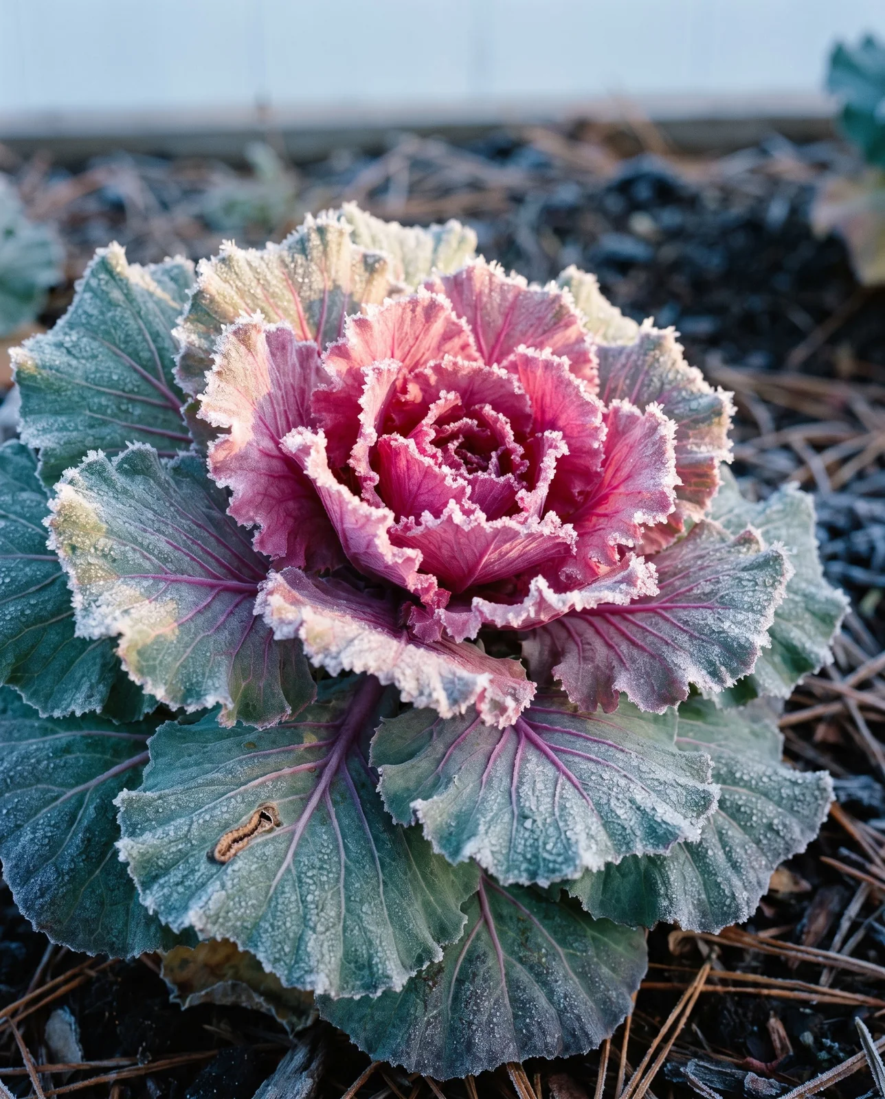 Frost crystals coating the outer ruffled leaves of an ornamental kale rosette.