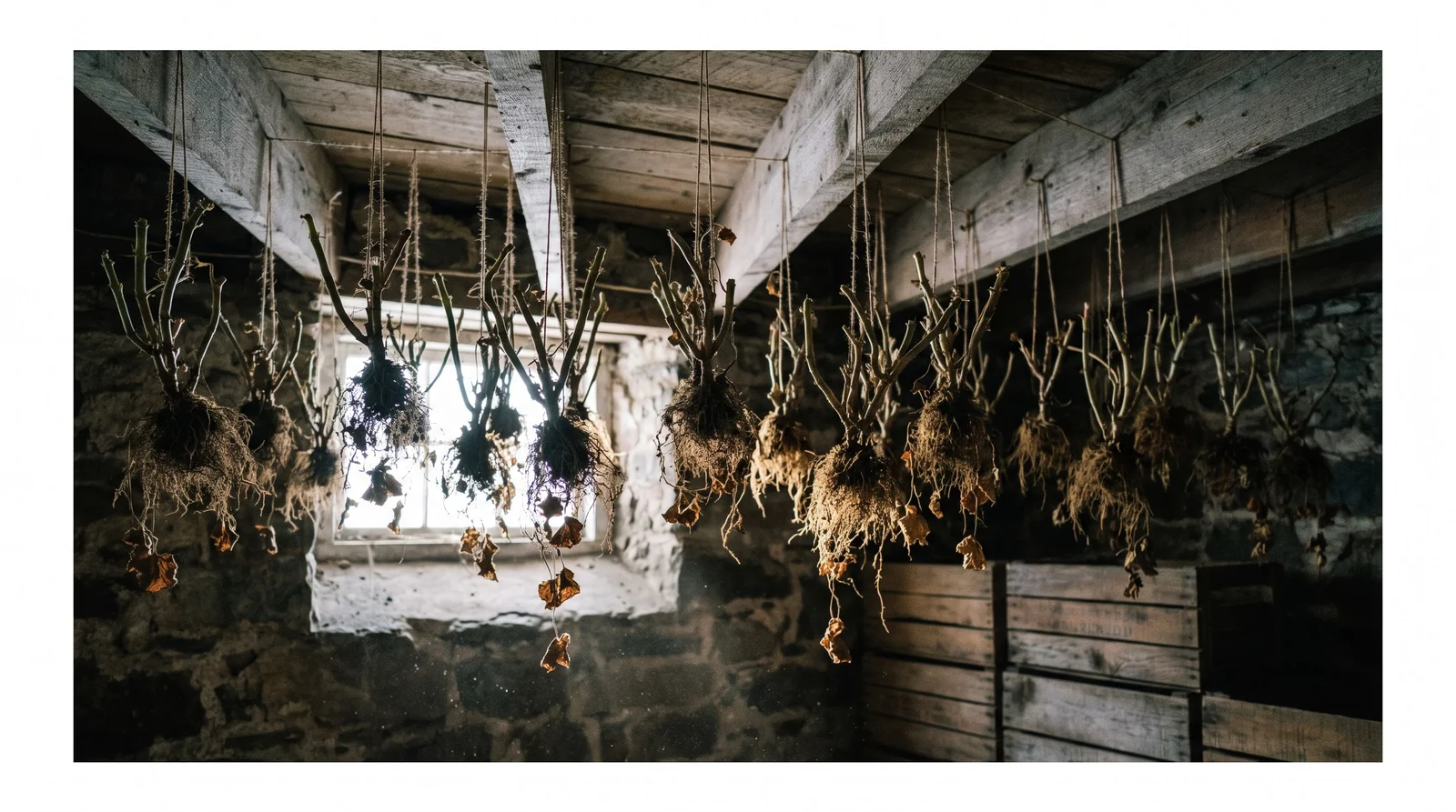 Bare-root dormant geranium plants hanging upside down from rustic basement ceiling rafters.