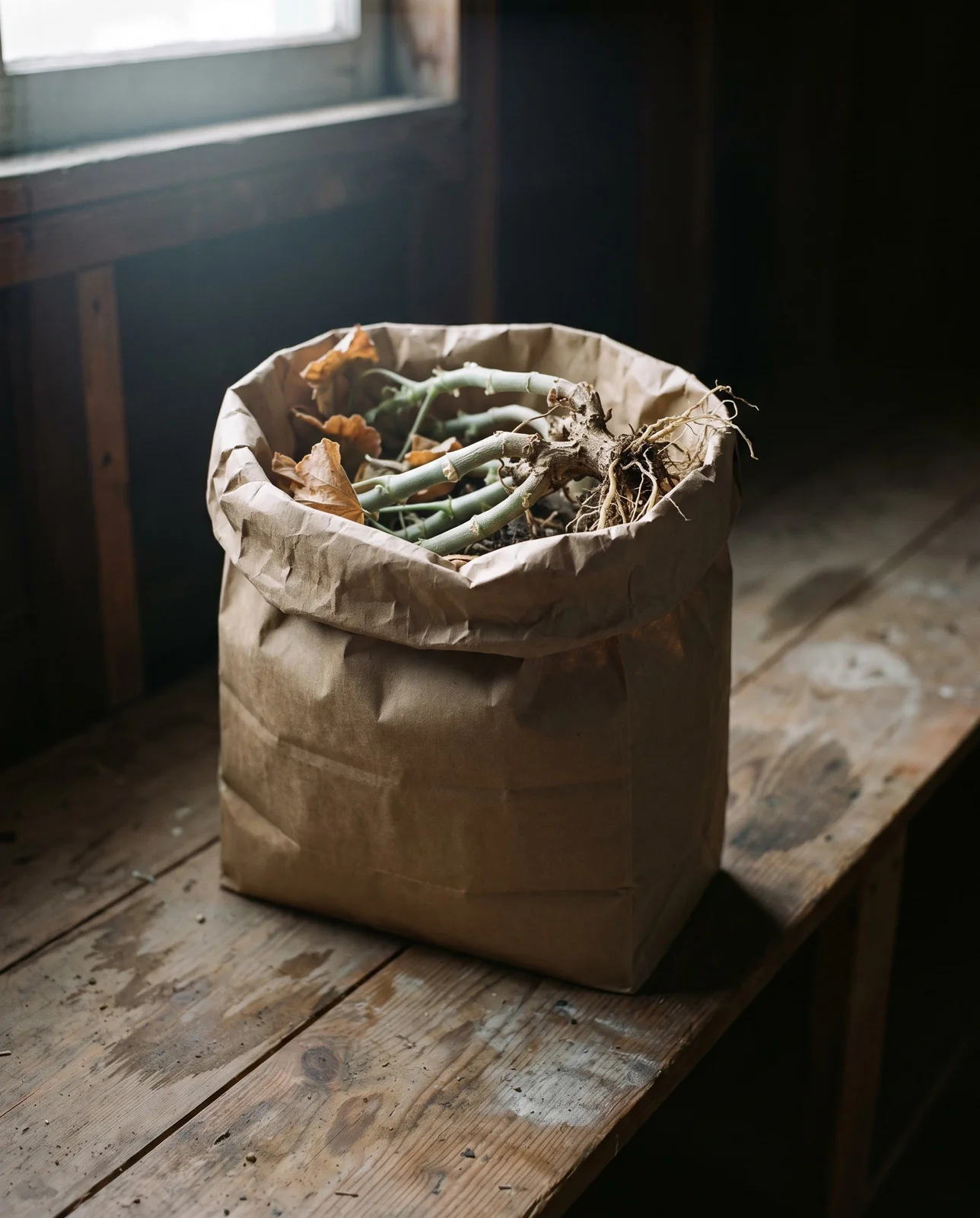 Dormant bare-root geranium resting inside an open kraft paper bag on shelf.