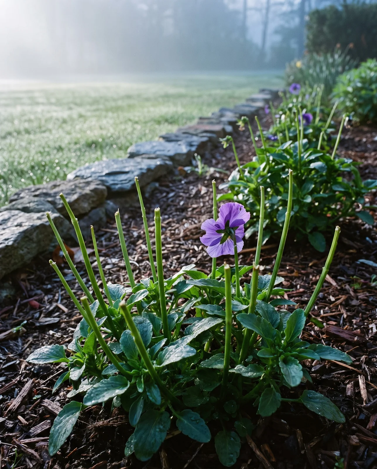 Pansy border bed showing clean stem damage from nocturnal deer browsing