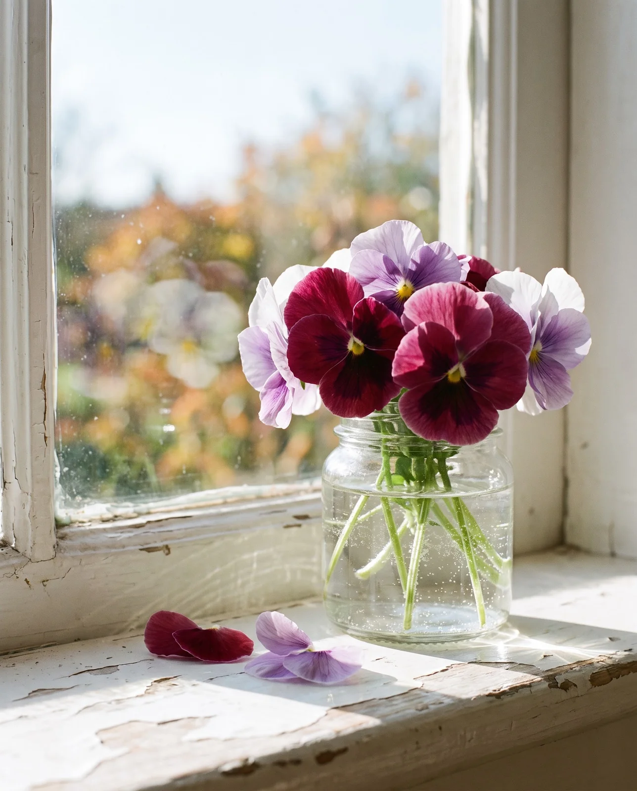 Cut pansy stems in a vintage glass jar on a windowsill