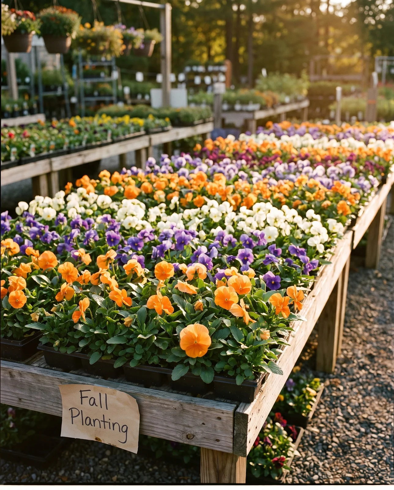 Nursery display tables filled with blooming pansy flats for fall planting